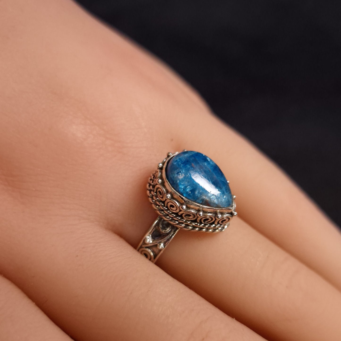 BLUE APATITE TEARDROP RING set in STERLING SILVER 3SSBAR