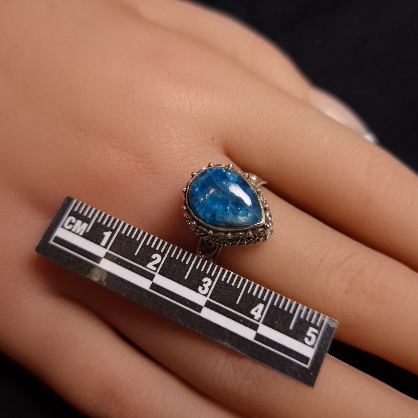 BLUE APATITE TEARDROP RING set in STERLING SILVER 3SSBAR