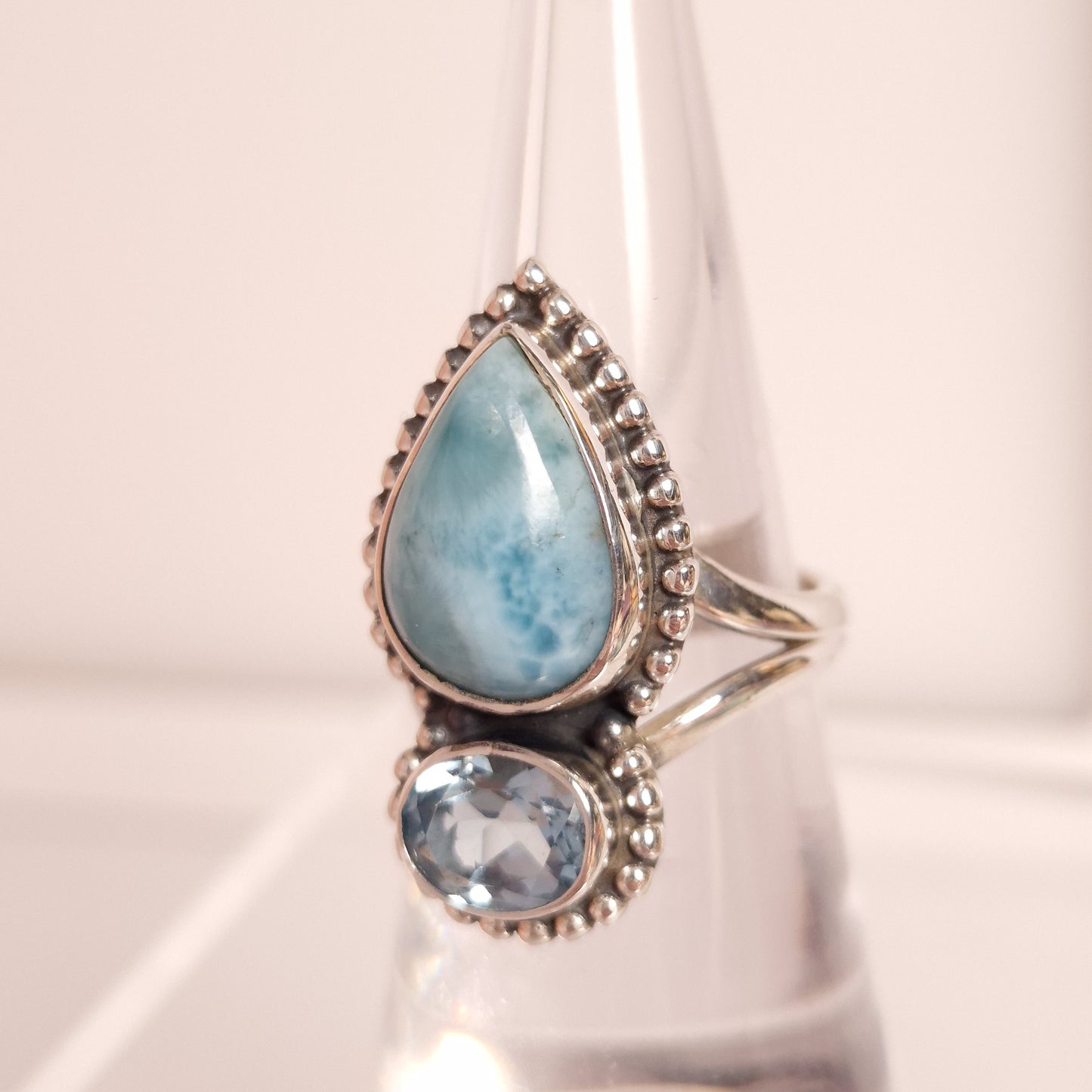 LARIMAR & BLUE TOPAZ RING set in STERLING SILVER 3SSLBT2