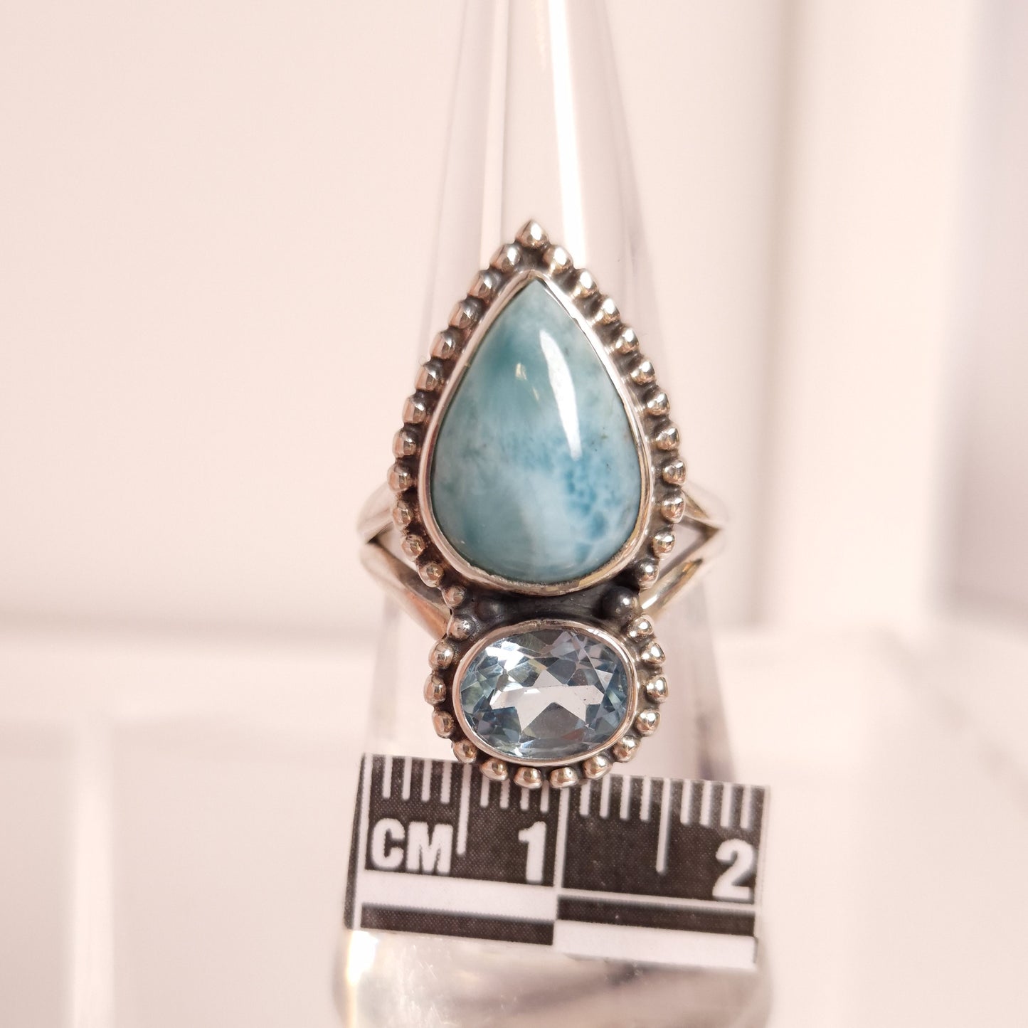 LARIMAR & BLUE TOPAZ RING set in STERLING SILVER 3SSLBT2