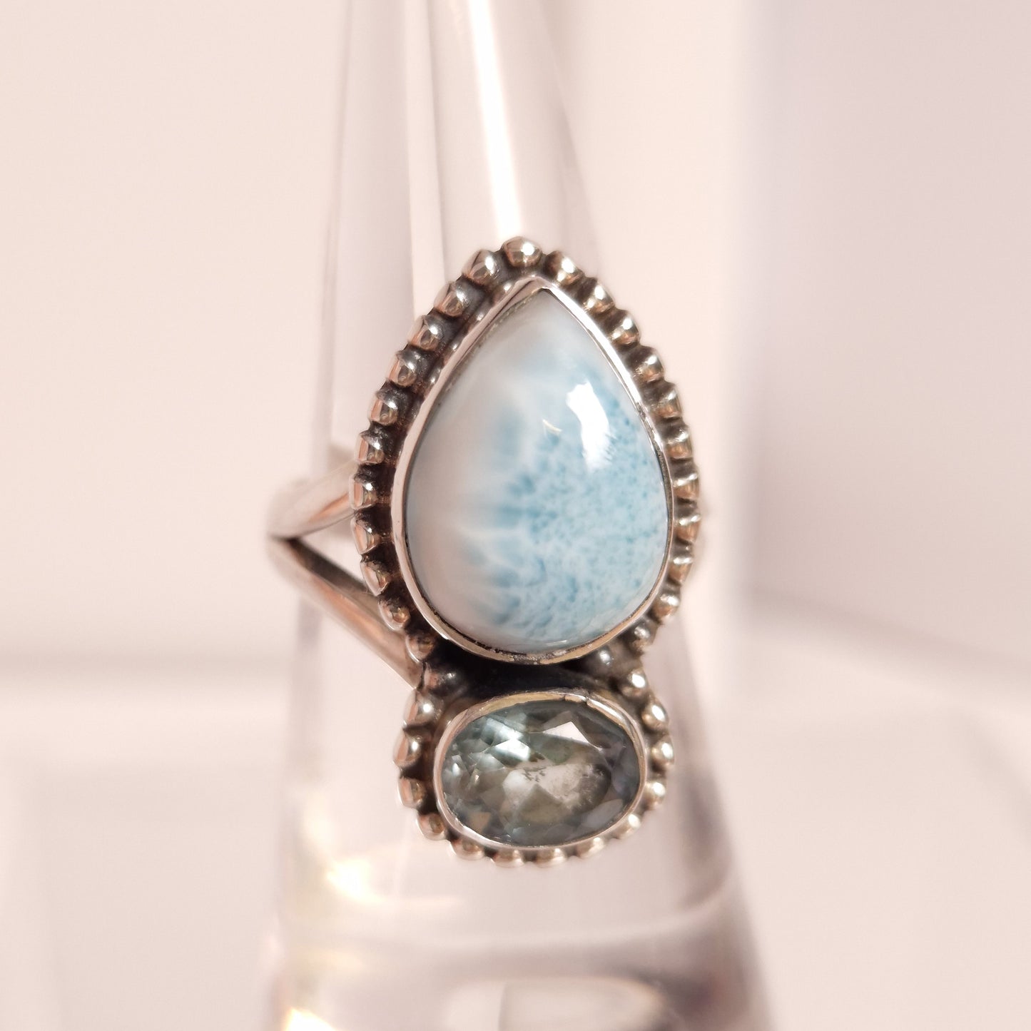 LARIMAR & BLUE TOPAZ RING set in STERLING SILVER 3SSLBT1