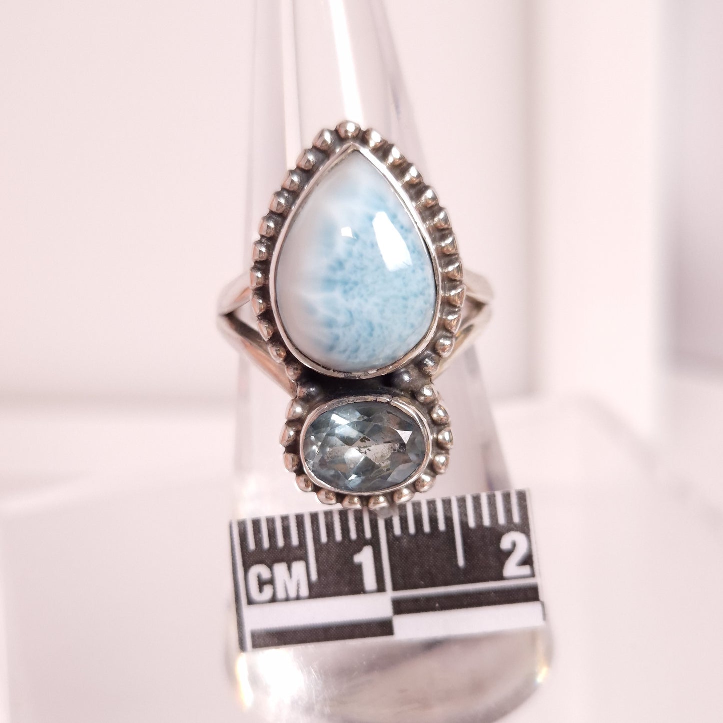 LARIMAR & BLUE TOPAZ RING set in STERLING SILVER 3SSLBT1