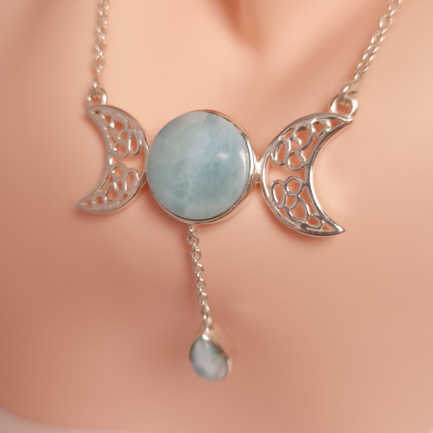 LARIMAR TRIPLE MOON NECKLACE set in STERLING SILVER 3SSLTM