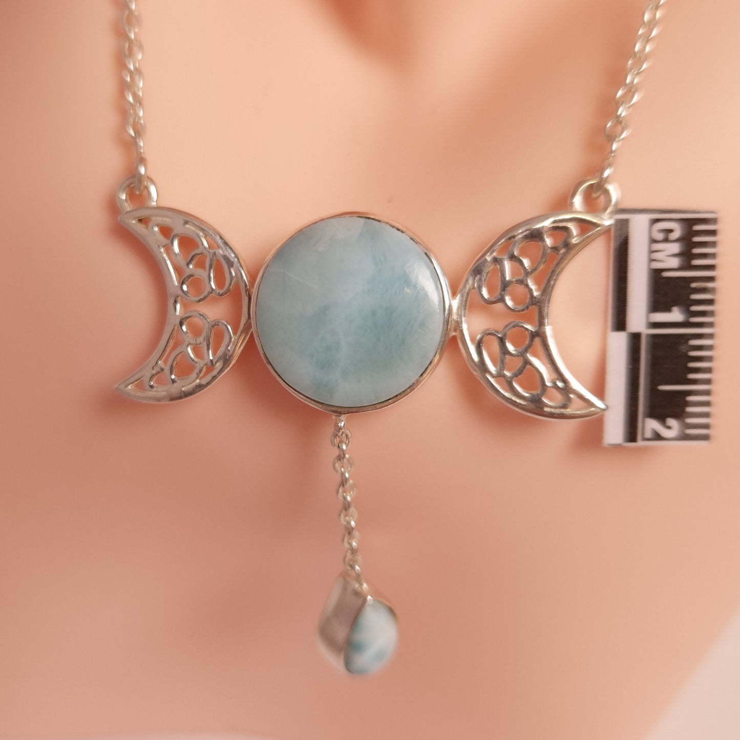 LARIMAR TRIPLE MOON NECKLACE set in STERLING SILVER 3SSLTM