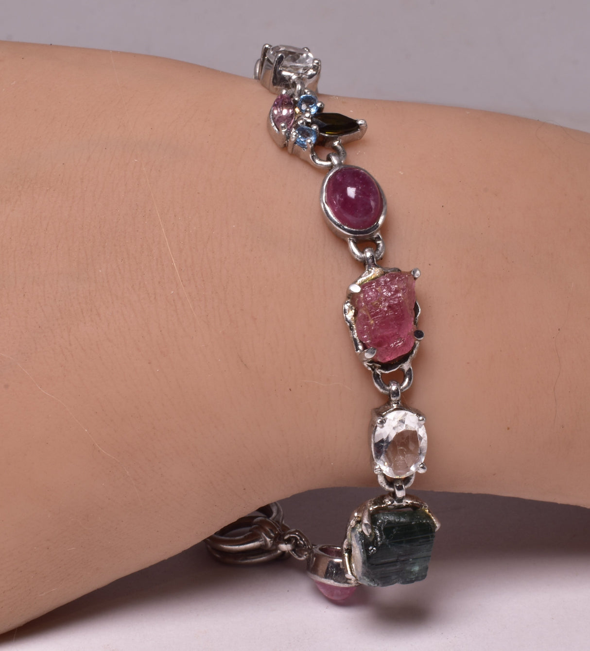 PINK & GREEN TOURMALINE BRACELET WITH CLEAR QUARTZ, STERLING SILVER J192