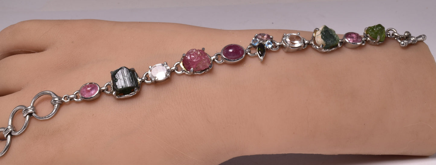 PINK & GREEN TOURMALINE BRACELET WITH CLEAR QUARTZ, STERLING SILVER J192