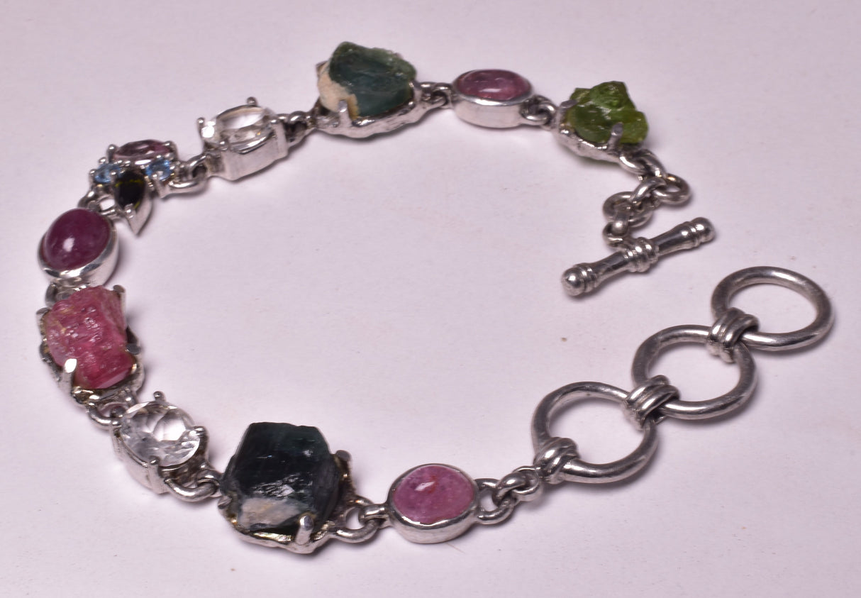 PINK & GREEN TOURMALINE BRACELET WITH CLEAR QUARTZ, STERLING SILVER J192