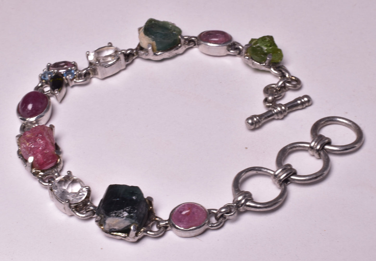 PINK & GREEN TOURMALINE BRACELET WITH CLEAR QUARTZ, STERLING SILVER J192