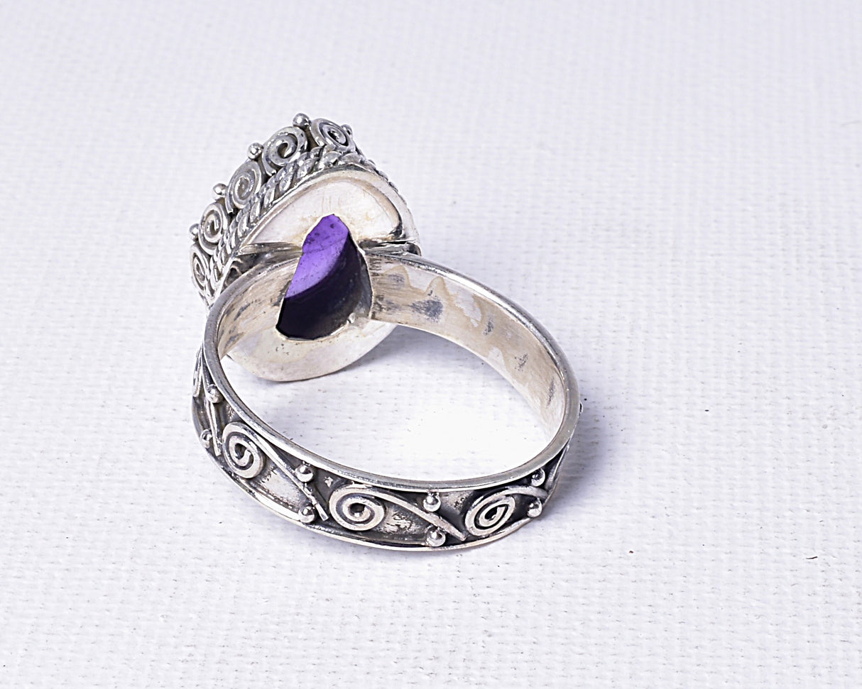 AMETHYST RING with ORNATE STERLING SILVER BAND, size 8/P J65