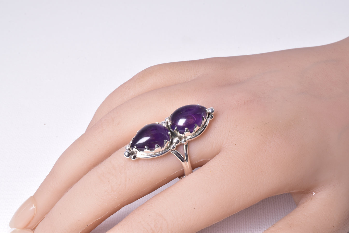 AMETHYST DOUBLE TEAR SHAPE RING on STERLING SILVER BAND, size 10.5/U J60
