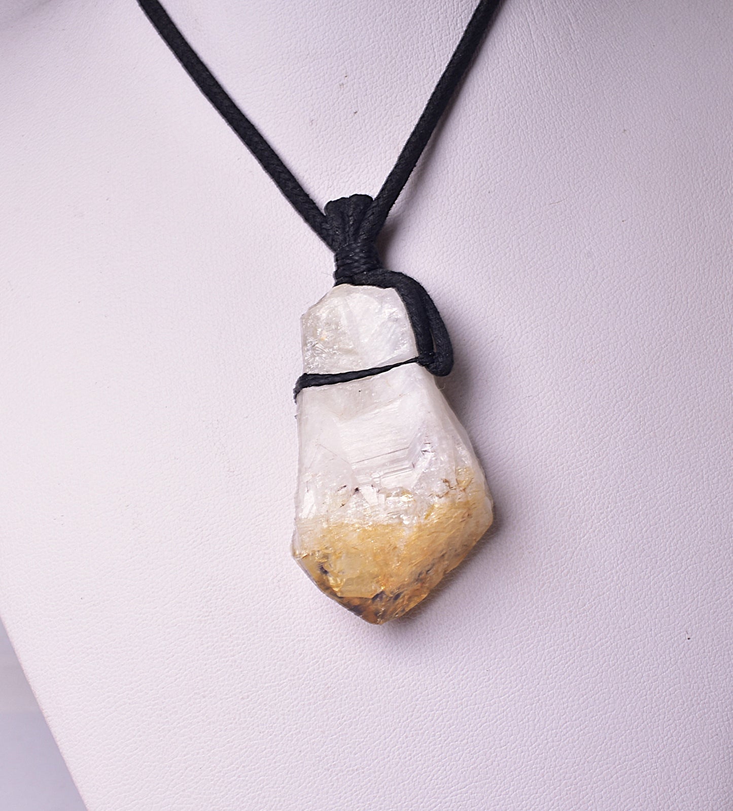 CITRINE NATURAL POINT PENDANT ON LEATHER LOOK NECKLACE J214