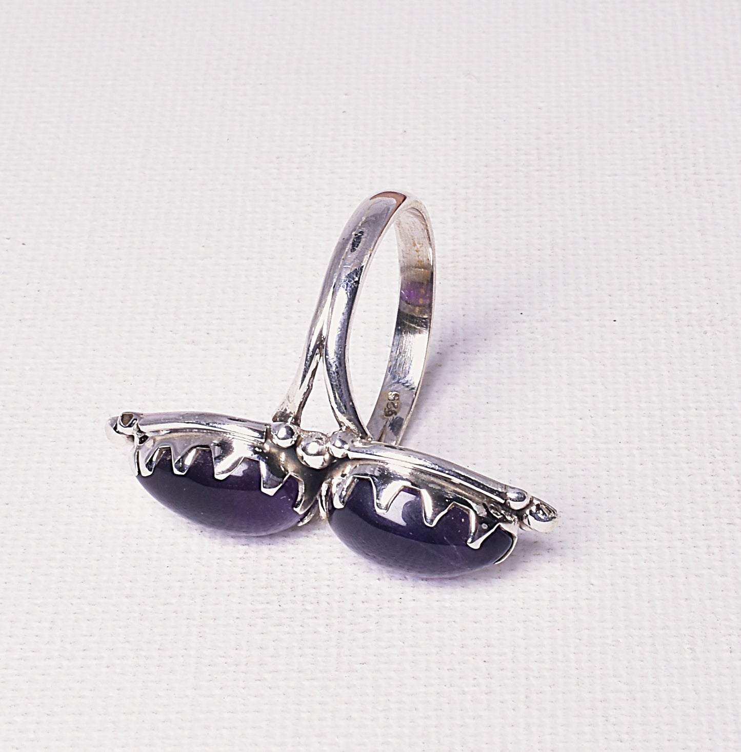 AMETHYST DOUBLE TEAR SHAPE RING on STERLING SILVER BAND, size 10.5/U J60