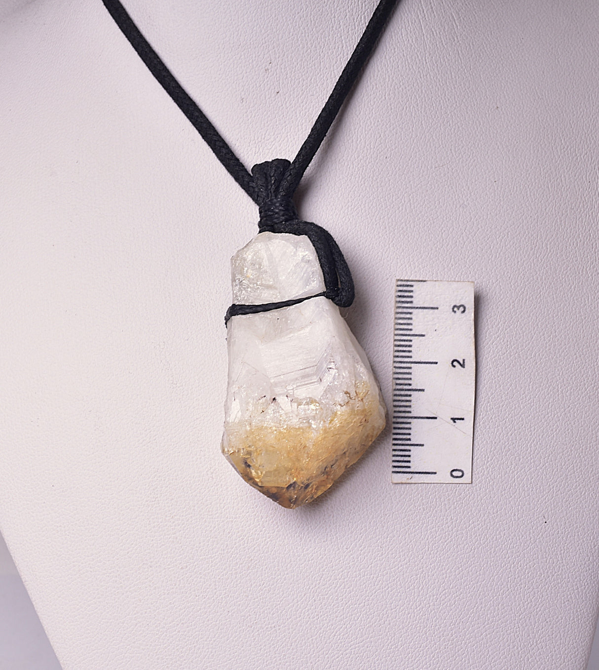 CITRINE NATURAL POINT PENDANT ON LEATHER LOOK NECKLACE J214