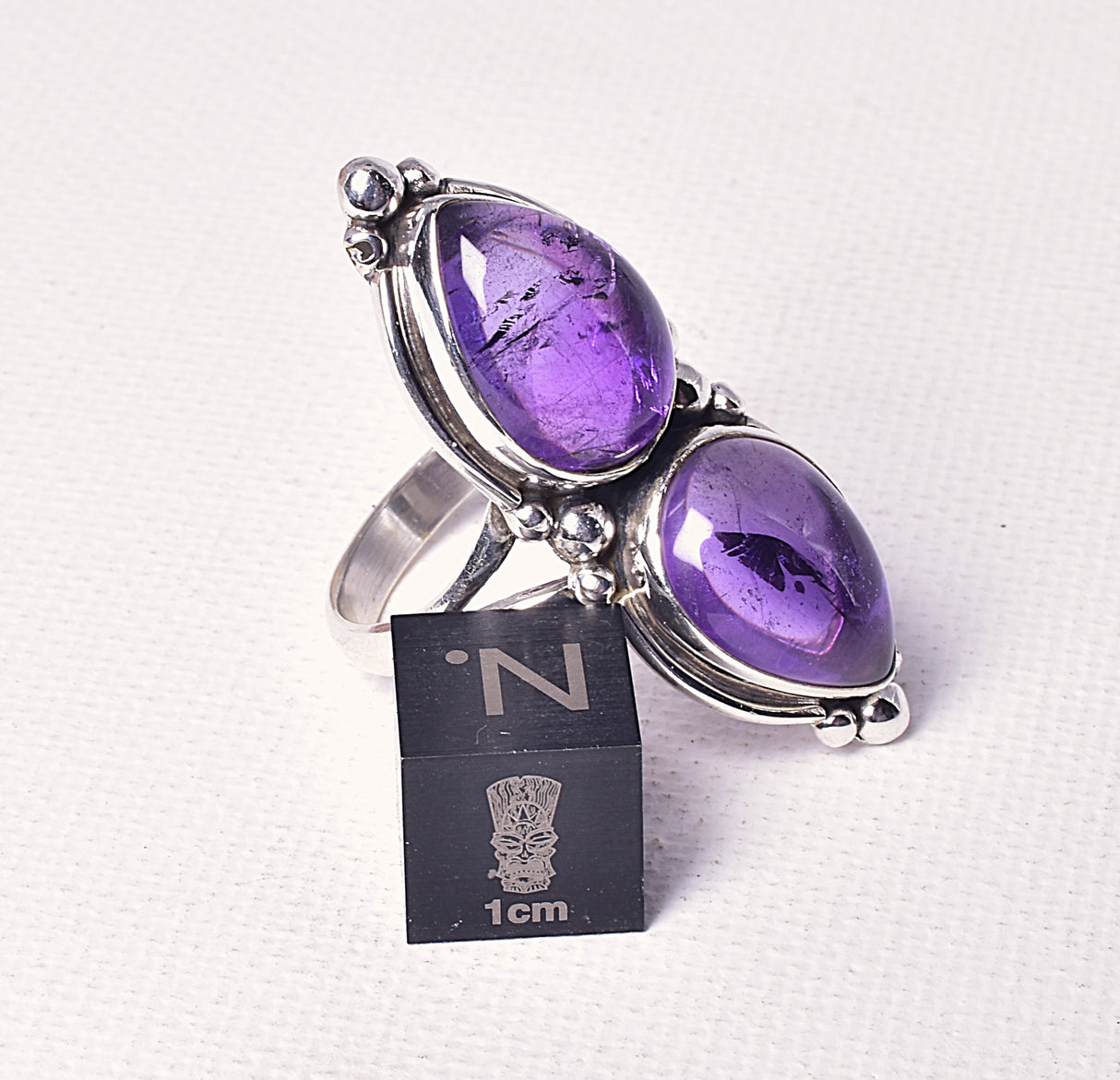 AMETHYST DOUBLE TEAR SHAPE RING on STERLING SILVER BAND, size 8/P J61