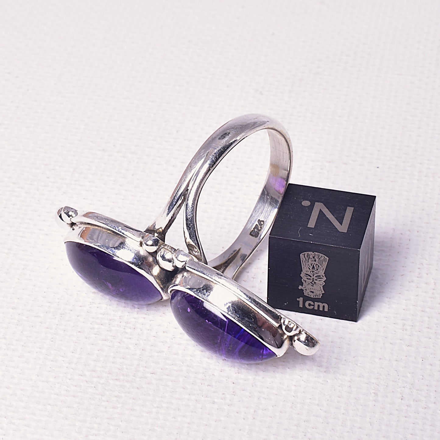 AMETHYST DOUBLE TEAR SHAPE RING on STERLING SILVER BAND, size 8/P J61