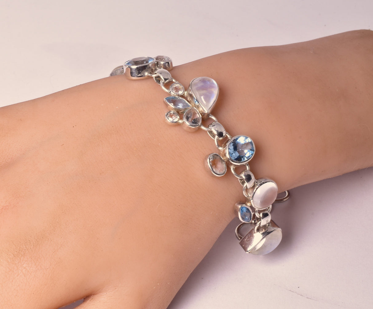 MOONSTONE WITH AQUAMARINE & PEARL BRACELET set in STERLING SILVER J220