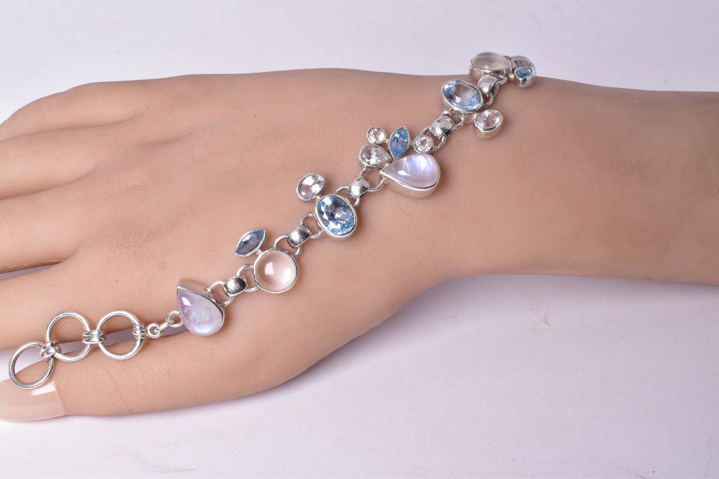 MOONSTONE WITH AQUAMARINE & PEARL BRACELET set in STERLING SILVER J220
