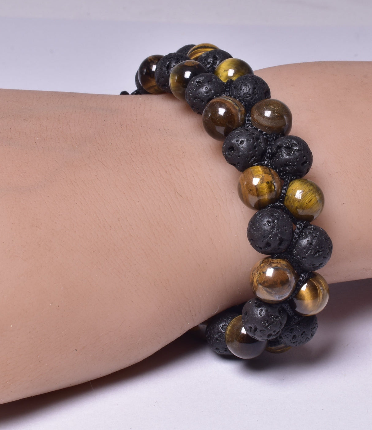 TIGER EYE AND LAVA STONE POLISHED BEADED CRYSTAL BRACELET J193