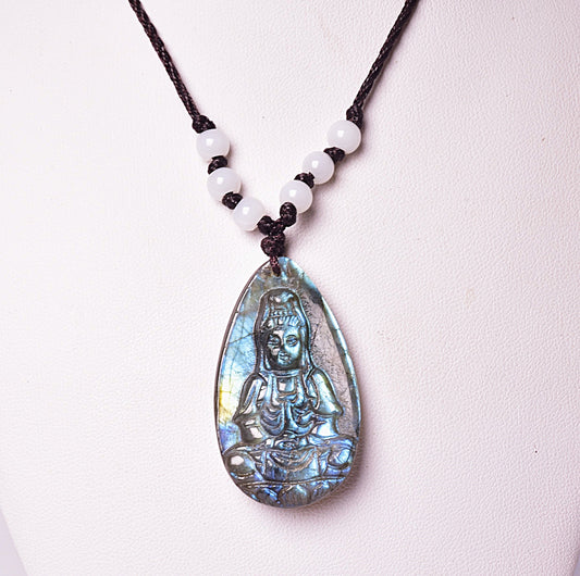 LABRADORITE PENDANT with CARVED BUDDHA on MACRAME J161