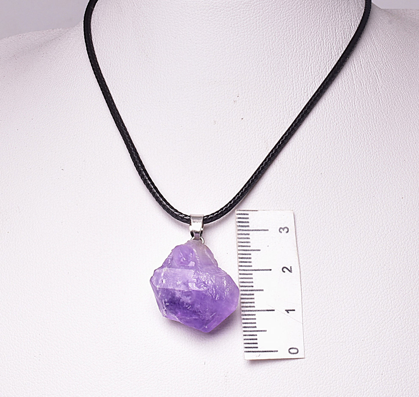 AMETHYST NATURAL POINT PENDANT ON LEATHER LOOK NECKLACE J234