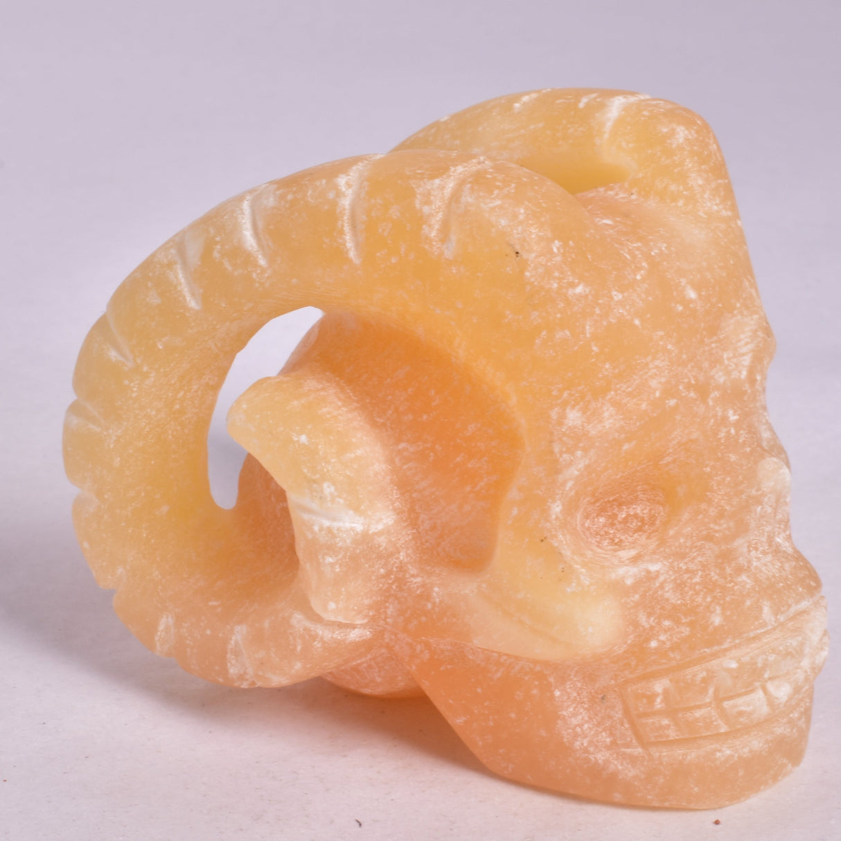 ORANGE CALCITE SKULL WITH RAM HORNS P420