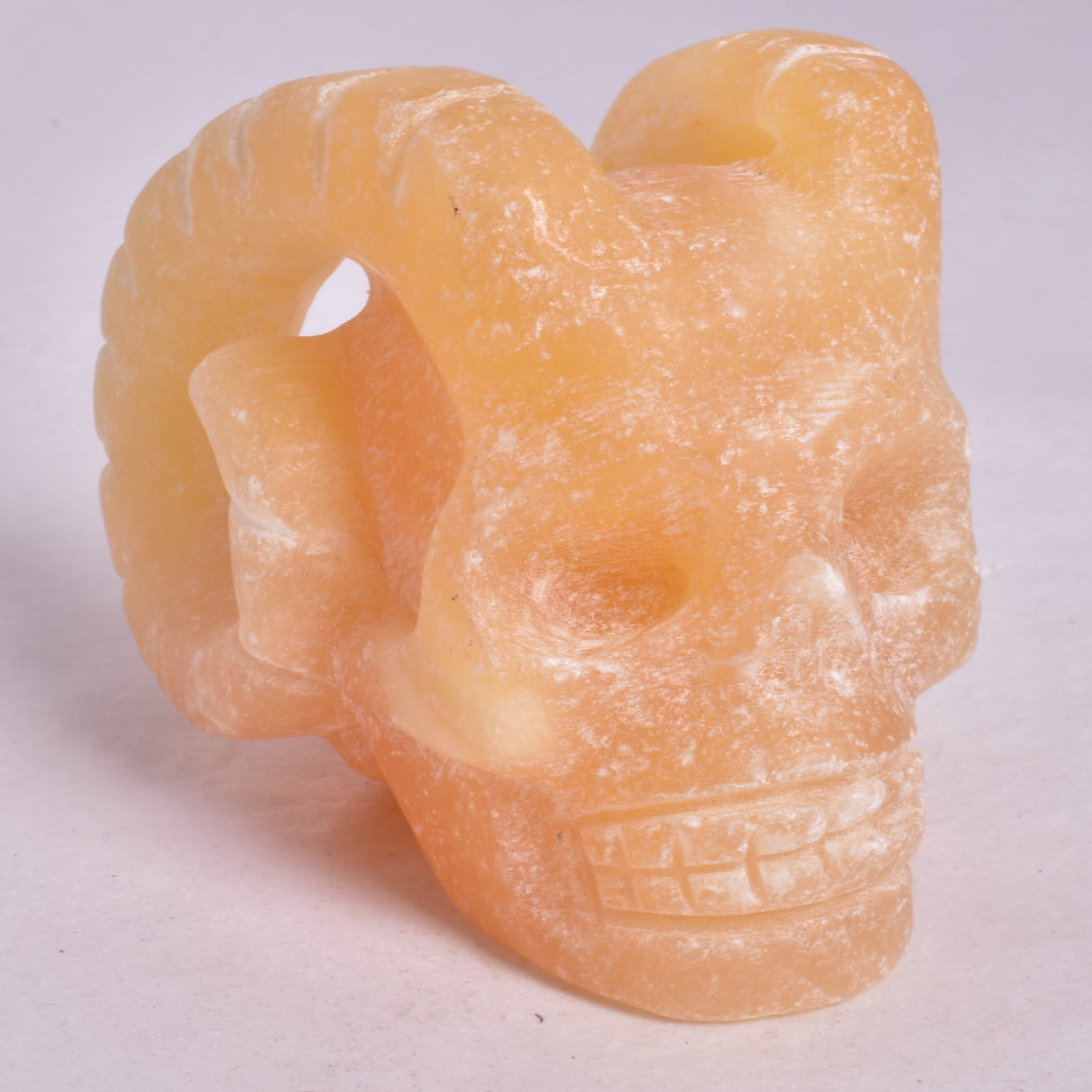 ORANGE CALCITE SKULL WITH RAM HORNS P420