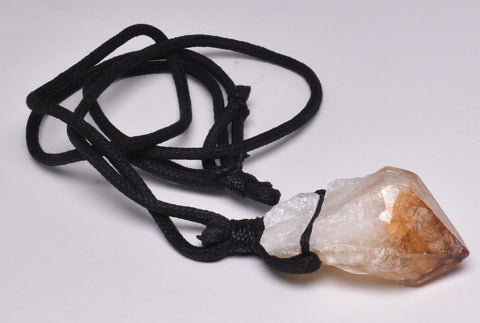 CITRINE NATURAL POINT PENDANT ON LEATHER LOOK NECKLACE J23