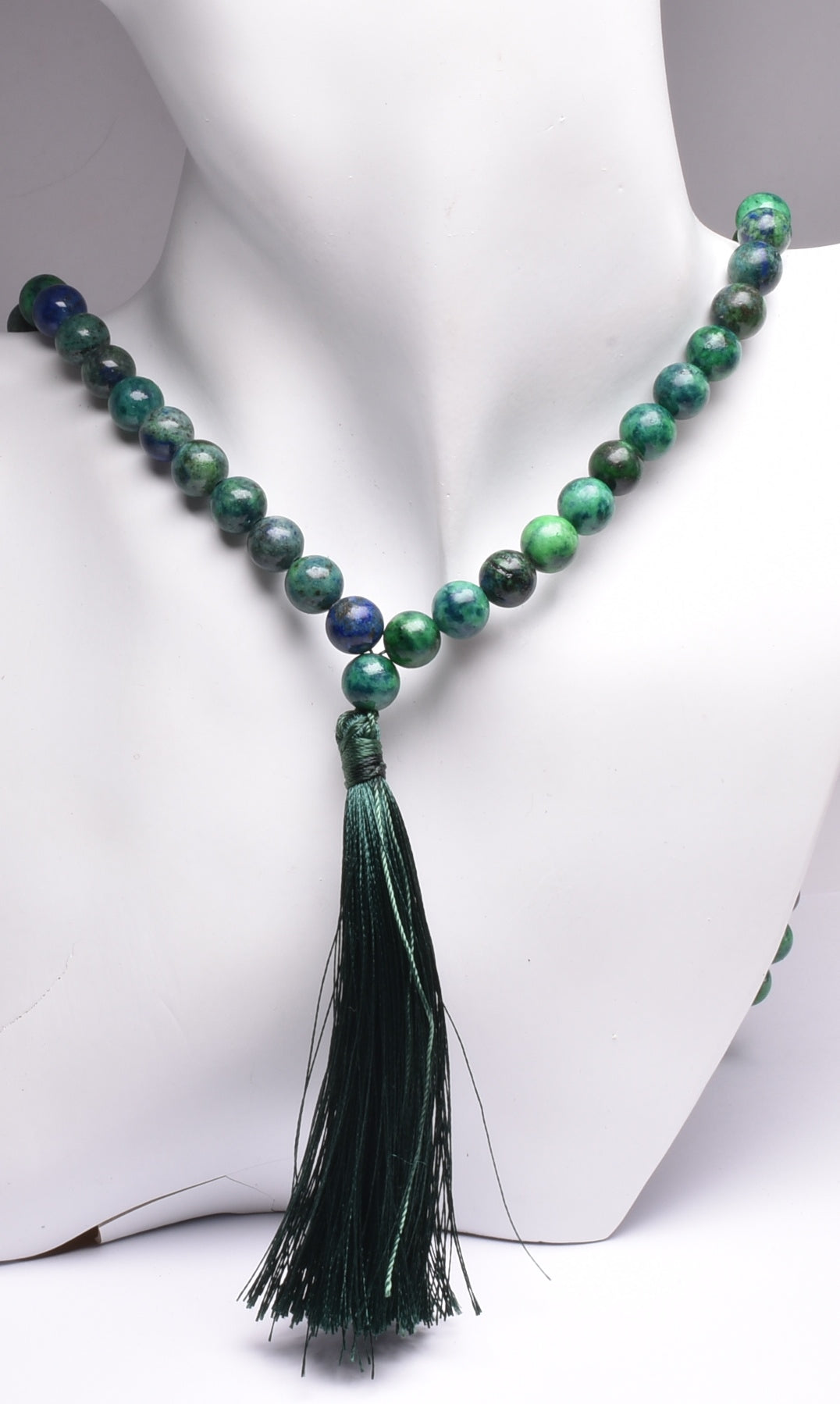 MALACHITE AND AZURITE CRYSTAL MALA BEADS J256