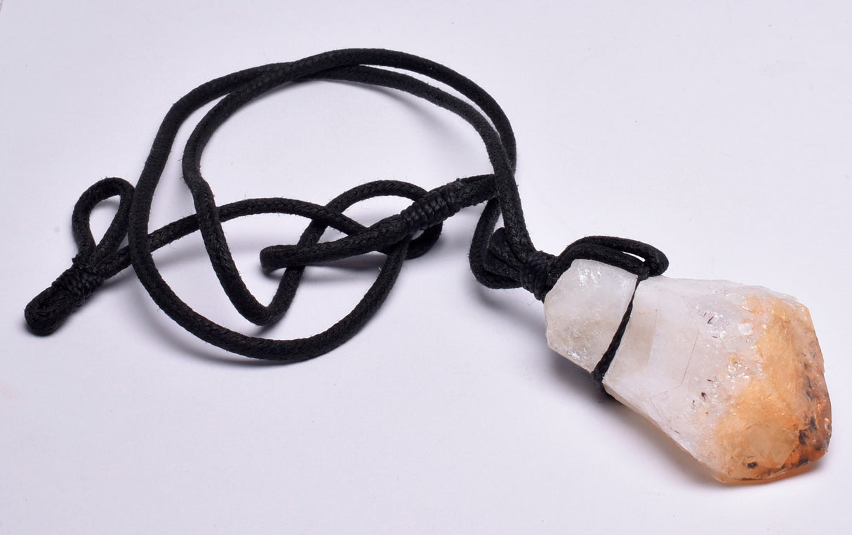 CITRINE NATURAL POINT PENDANT ON LEATHER LOOK NECKLACE J214