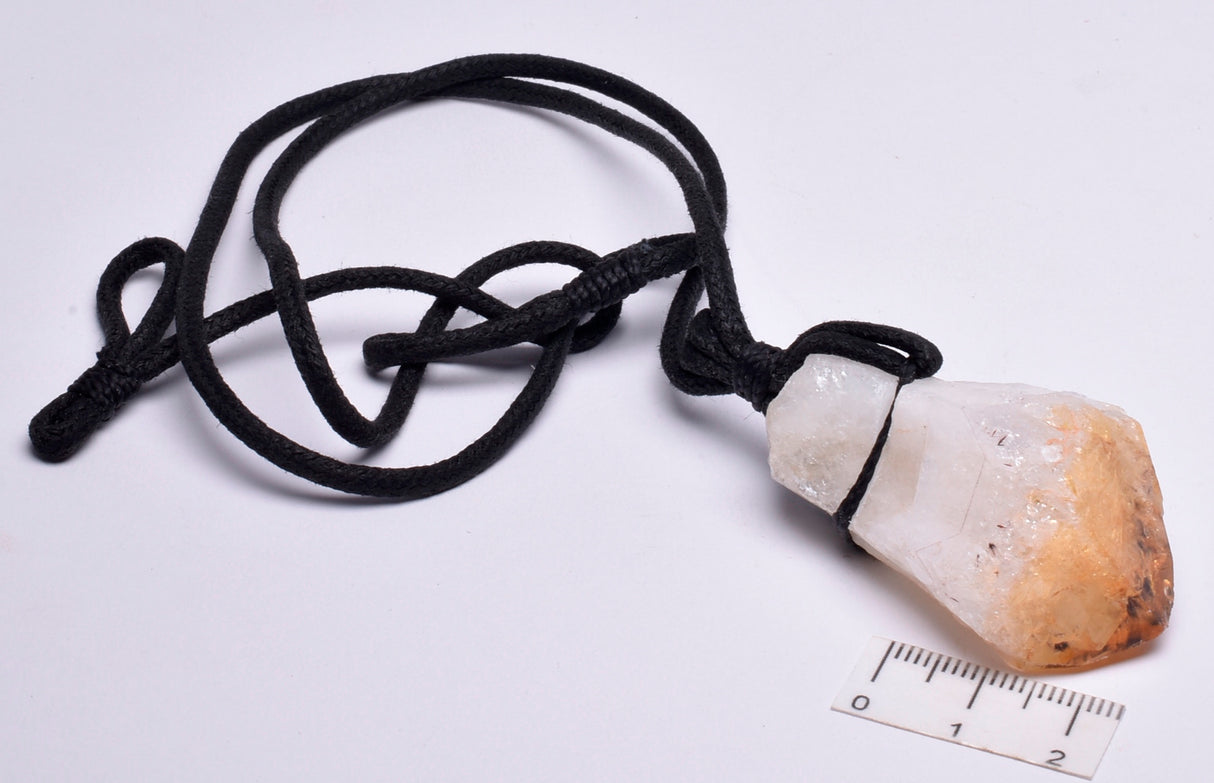 CITRINE NATURAL POINT PENDANT ON LEATHER LOOK NECKLACE J214