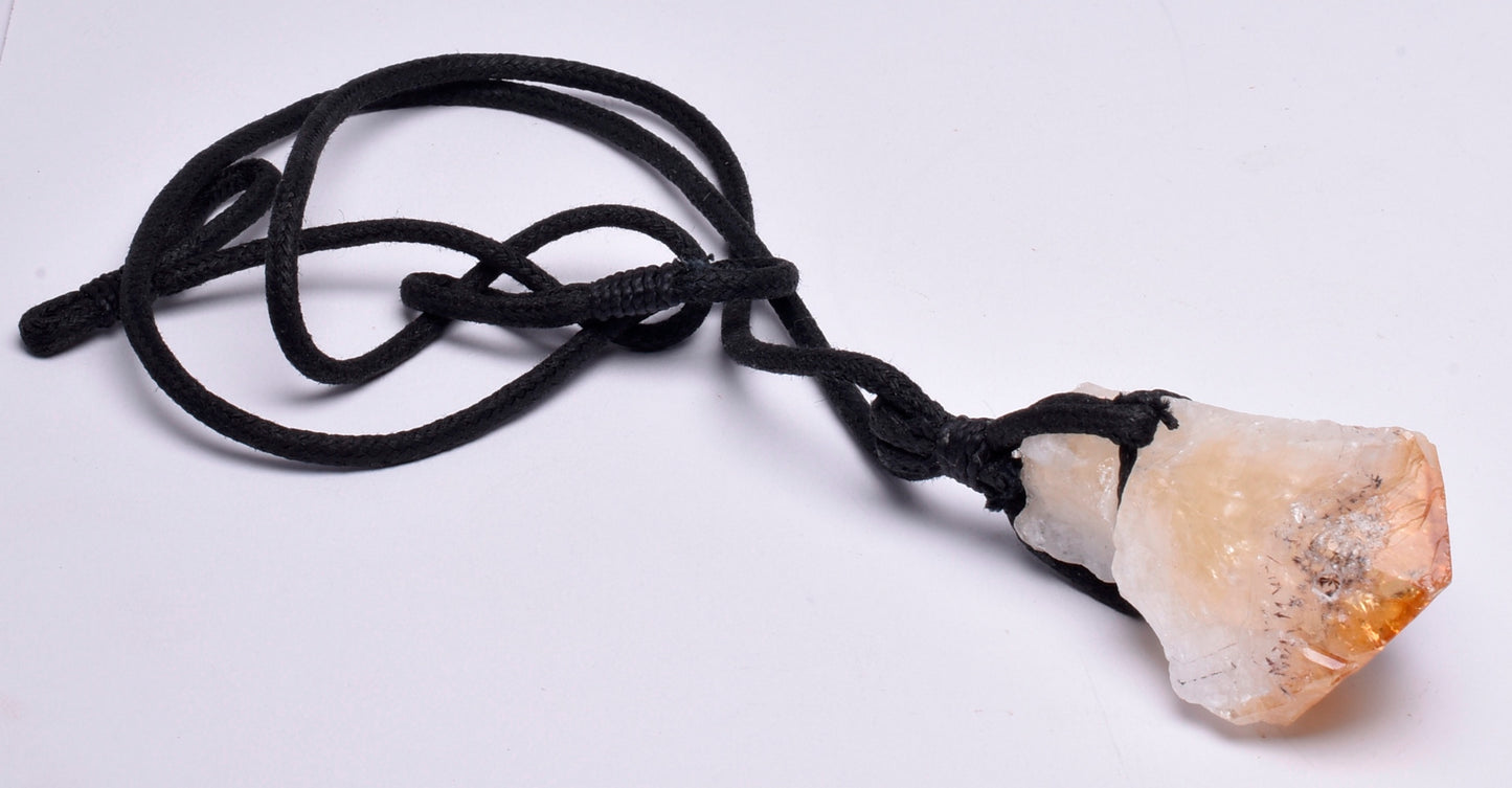 CITRINE NATURAL POINT PENDANT ON LEATHER LOOK NECKLACE J214