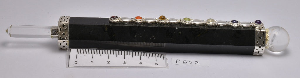 TOURMALINE QUARTZ CHAKRA WAND with QUARTZ WAND and SPHERE P652