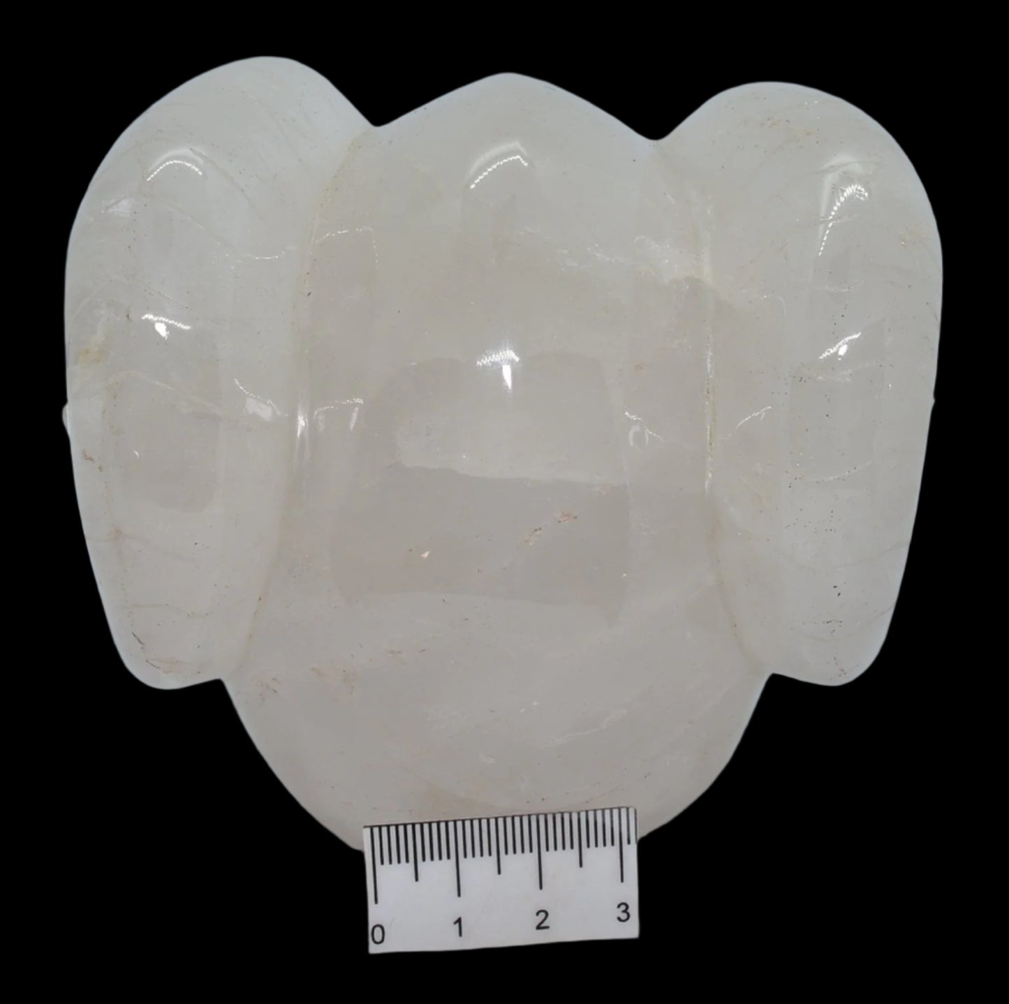 CARVED QUARTZ SKULL WITH RAM HORNS P458