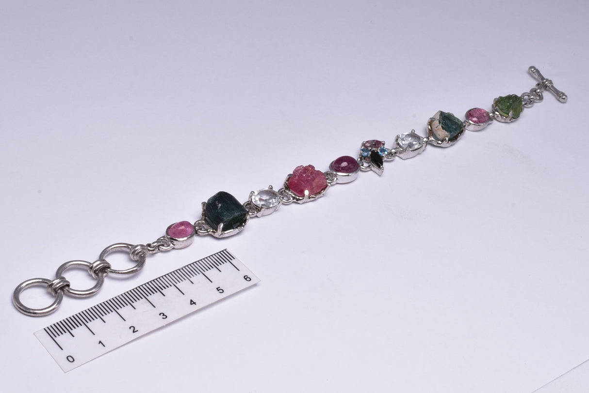 PINK & GREEN TOURMALINE BRACELET WITH CLEAR QUARTZ, STERLING SILVER J192