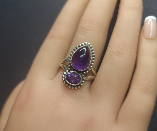 AMETHYST 2 STONE RING set in STERLING SILVER 3SSA2R