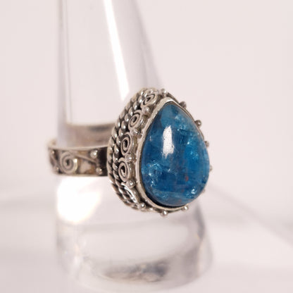 BLUE APATITE TEARDROP RING set in STERLING SILVER 3SSBAR