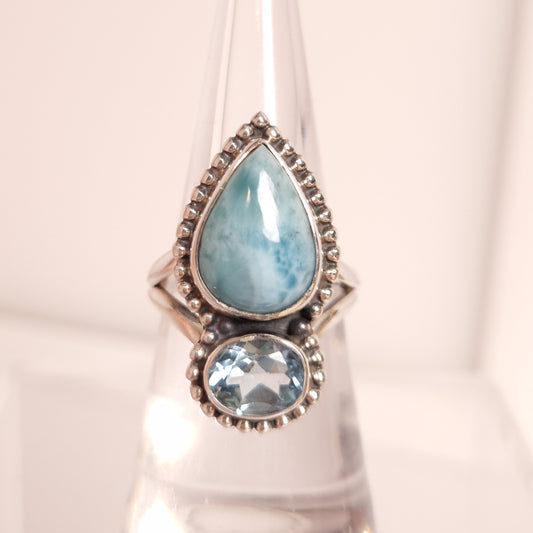 LARIMAR & BLUE TOPAZ RING set in STERLING SILVER 3SSLBT2