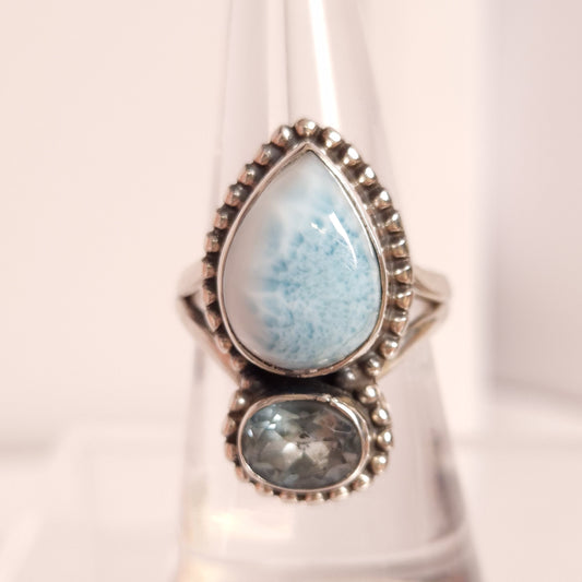 LARIMAR & BLUE TOPAZ RING set in STERLING SILVER 3SSLBT1
