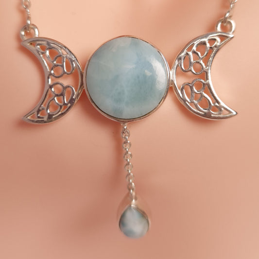 LARIMAR TRIPLE MOON NECKLACE set in STERLING SILVER 3SSLTM