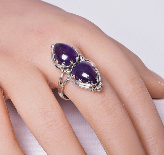 AMETHYST DOUBLE TEAR SHAPE RING on STERLING SILVER BAND, size 10.5/U J60