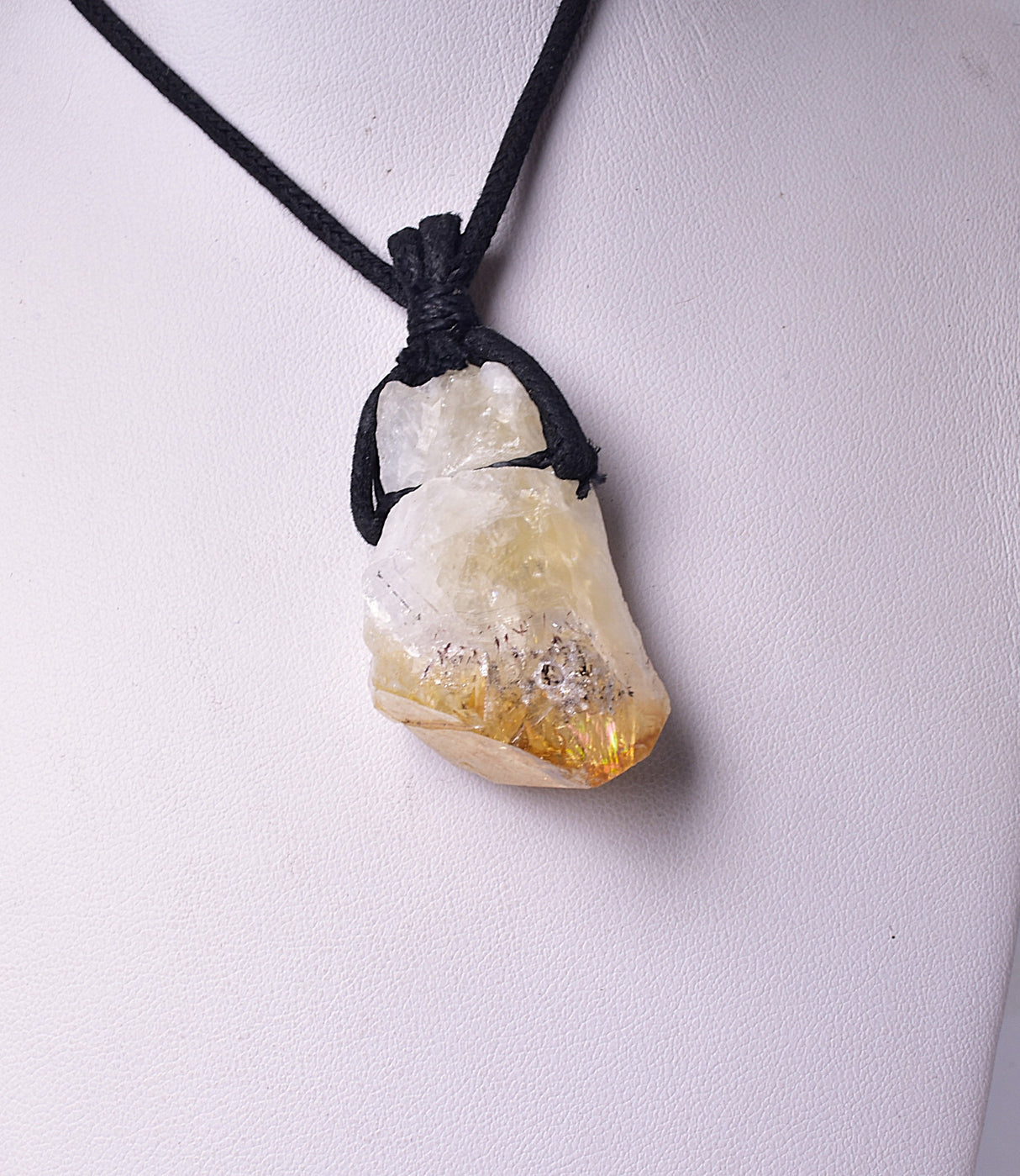 CITRINE NATURAL POINT PENDANT ON LEATHER LOOK NECKLACE J214