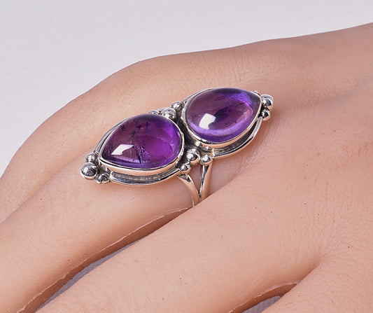 AMETHYST DOUBLE TEAR SHAPE RING on STERLING SILVER BAND, size 8/P J61