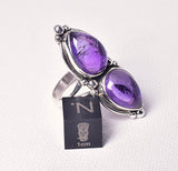 AMETHYST DOUBLE TEAR SHAPE RING on STERLING SILVER BAND, size 8/P J61