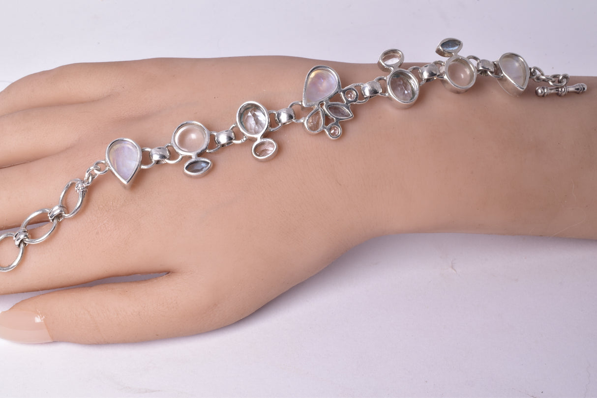 MOONSTONE WITH AQUAMARINE & PEARL BRACELET set in STERLING SILVER J220