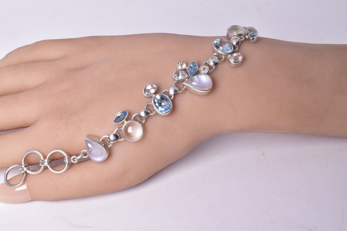 MOONSTONE WITH AQUAMARINE & PEARL BRACELET set in STERLING SILVER J220