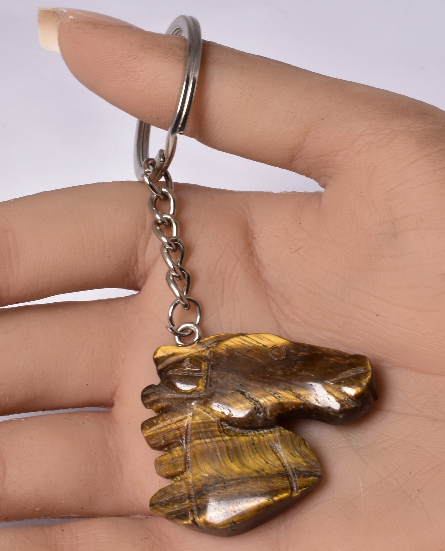 TIGER EYE HORSE HEAD CARVING KEYRING P315