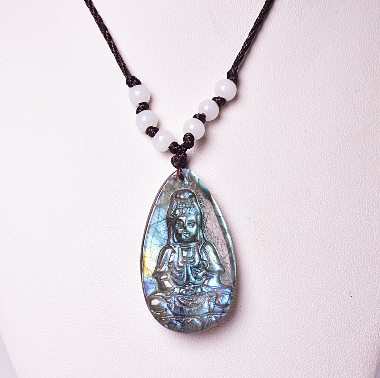 LABRADORITE PENDANT with CARVED BUDDHA on MACRAME J161