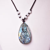 LABRADORITE PENDANT with CARVED BUDDHA on MACRAME J161