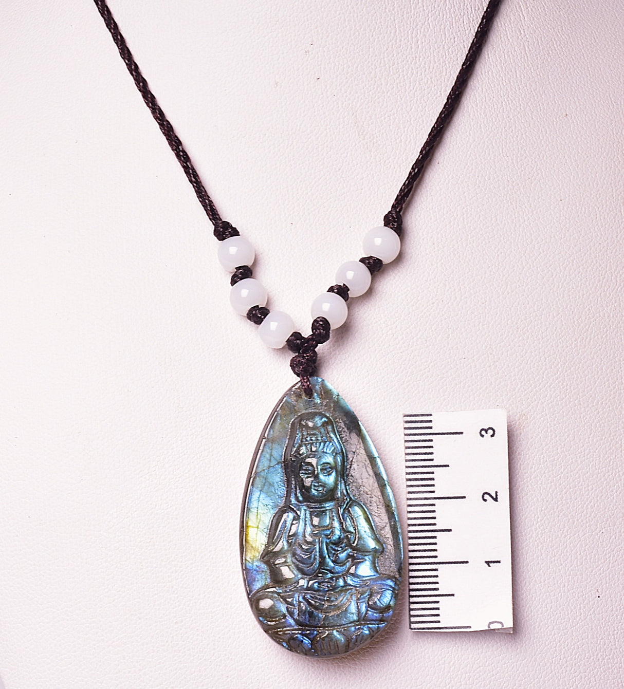 LABRADORITE PENDANT with CARVED BUDDHA on MACRAME J161