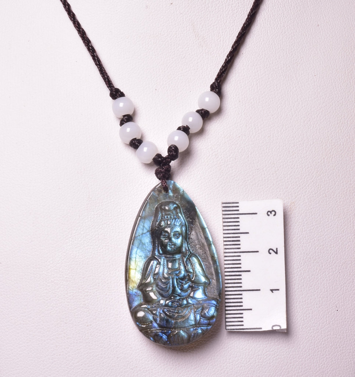 LABRADORITE PENDANT with CARVED BUDDHA on MACRAME J161